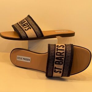 Steve Madden Black and Tan Slide Sandals